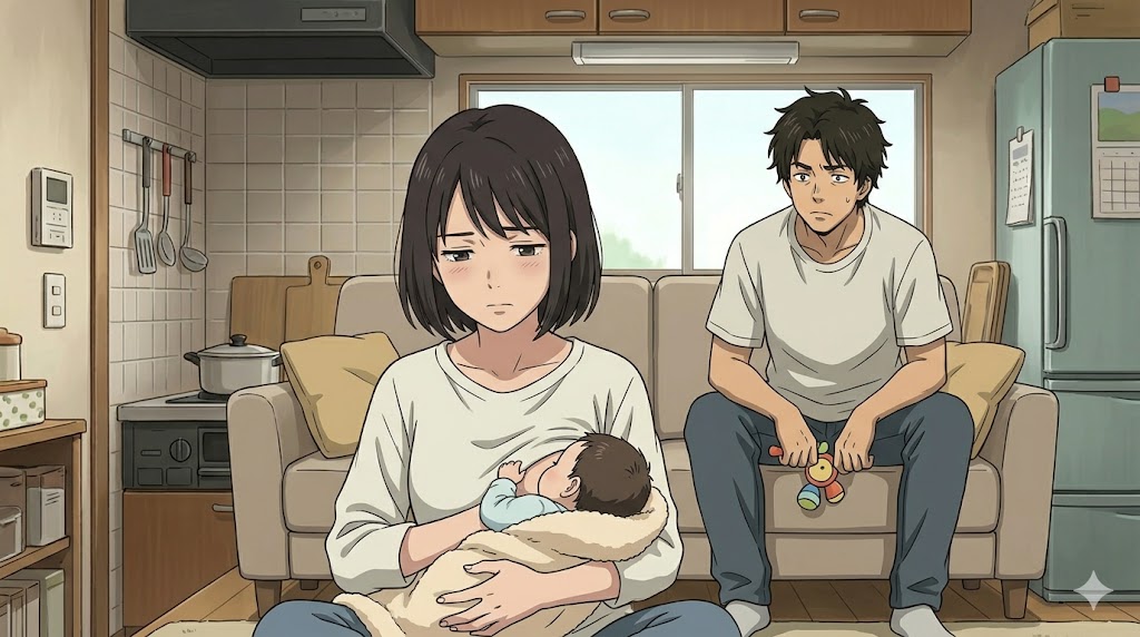 赤ちゃんを抱っこして授乳中の妻の後ろで、不満げに拗ねてかまってほしそうにする「大きな赤ちゃん」のような夫
