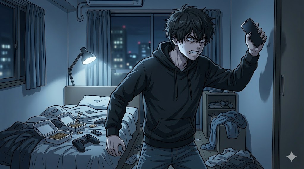 連絡を無視されたことで激しい怒りと不安に駆られ、スマートフォンを睨みつける男性