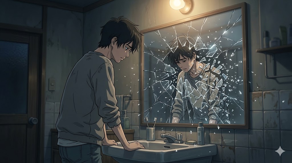 鏡に映る自分の姿がひび割れて見える、自己肯定感が低く繊細な心を持つ日本人男性