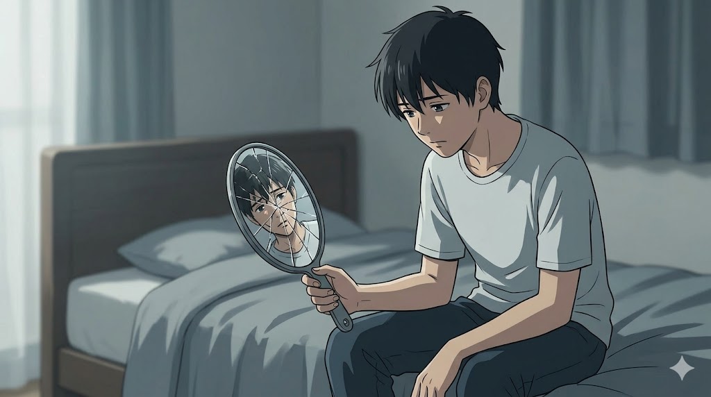 鏡に映る自分の顔が歪んで見える、自己肯定感の低い日本人男性