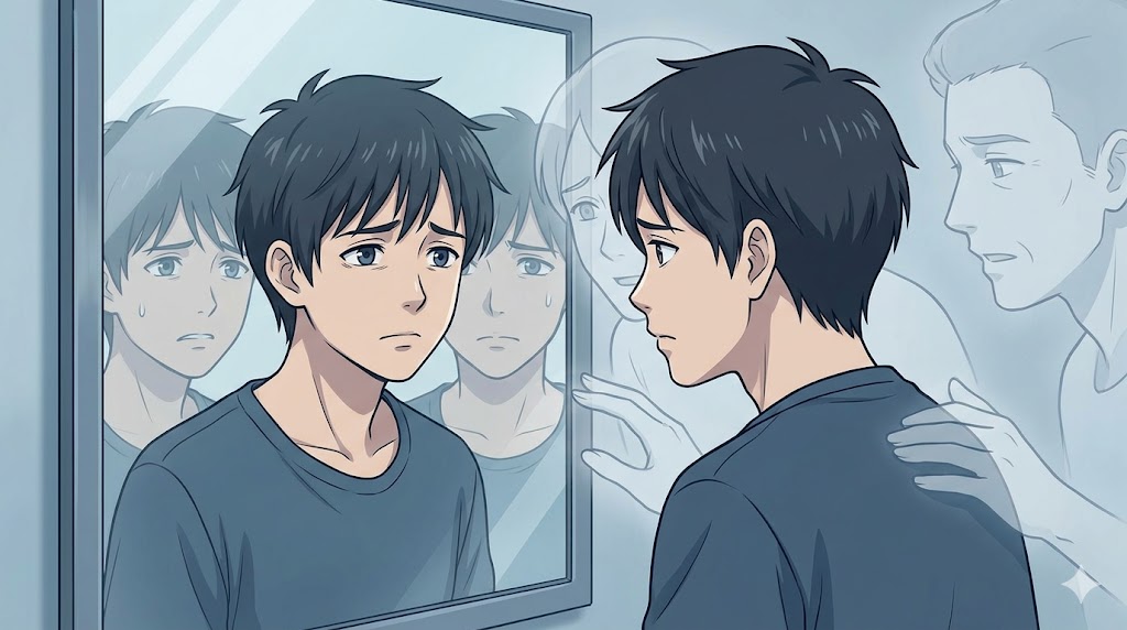 鏡の中の自分自身と向き合い、内面の葛藤と承認欲求（他者からの反応）を求める様子を表す日本人男性のアニメイラスト。かまってちゃんの自己肯定感の低さと拒否回避欲求を表現