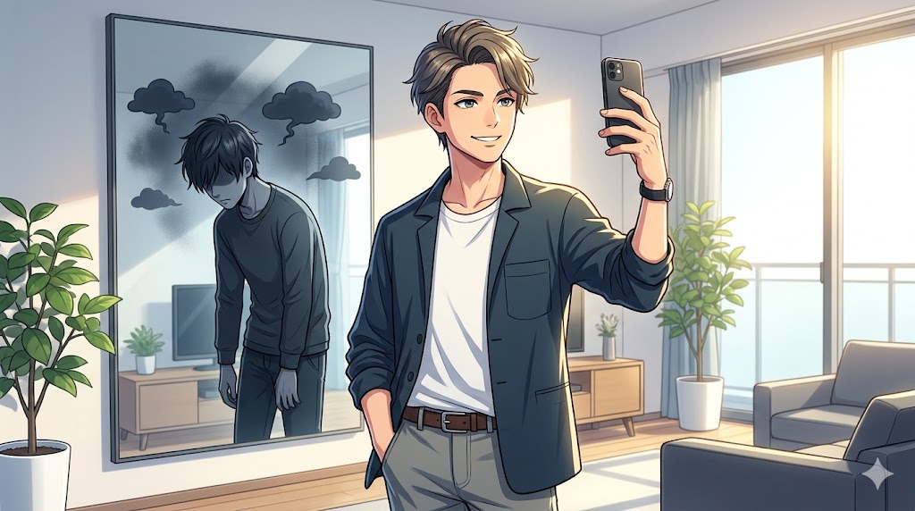鏡の前で自信満々に自撮りをする日本人男性と、鏡に映る自信がなく不安げな本当の姿