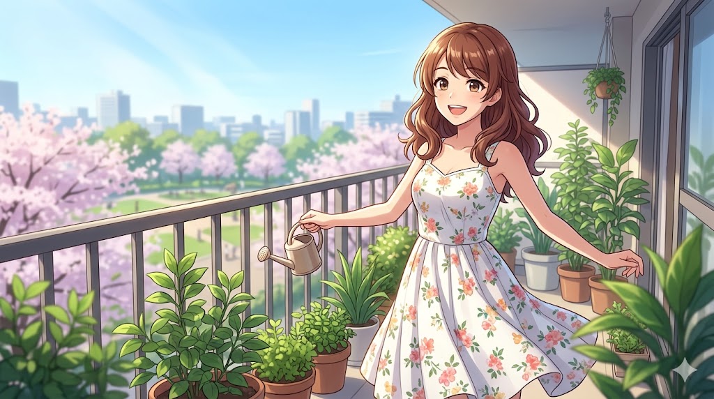 陽の当たるバルコニーで、植物に水をやりながら笑顔を見せる自立した日本人女性のアニメイラスト。依存を卒業し、一人の時間を楽しむ姿