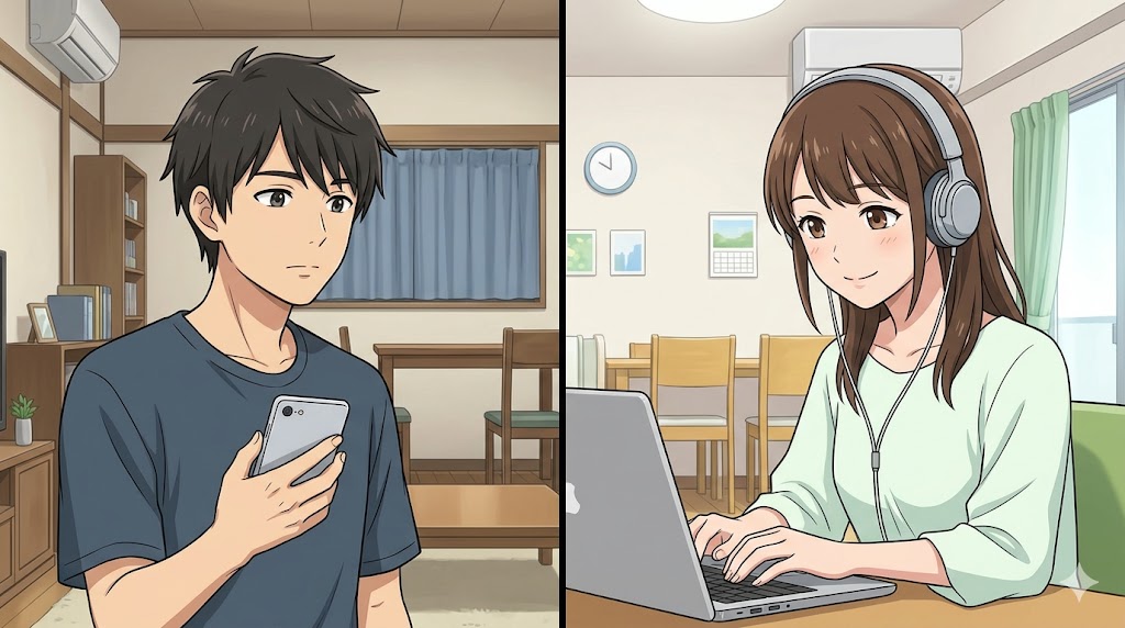 離れていても絆を感じつつ、それぞれが自分の時間を大切にする「自立した関係」を築く、かまってちゃん男性とパートナー女性の平和な様子