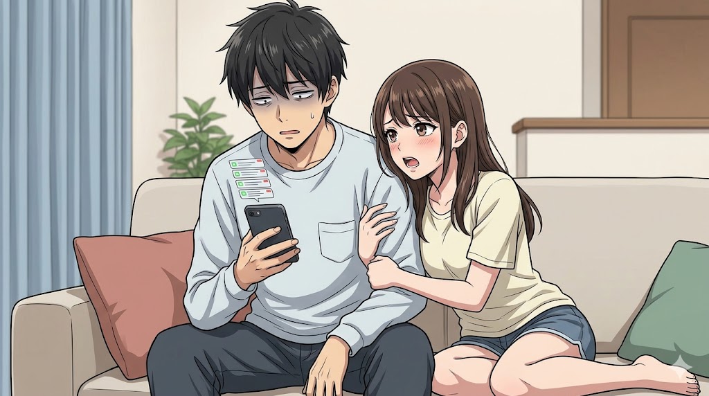 かまってちゃんな彼女に腕を掴まれ、困惑した表情でスマートフォンを見つめる疲れた男性