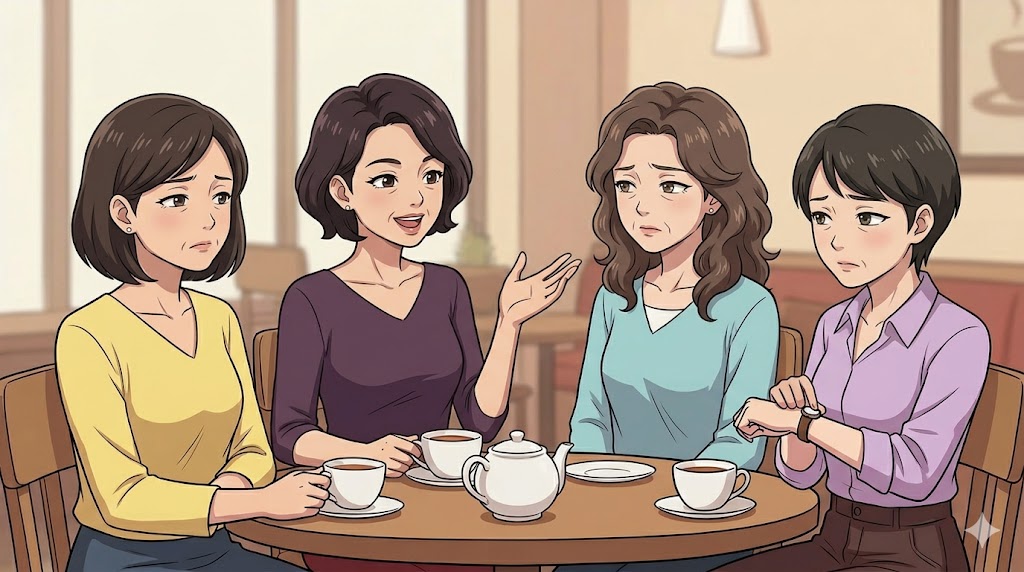 カフェで日本人女性の友人たちに一方的に話し続ける女性と、困惑する周囲の様子。職場や地域での人間関係のストレス