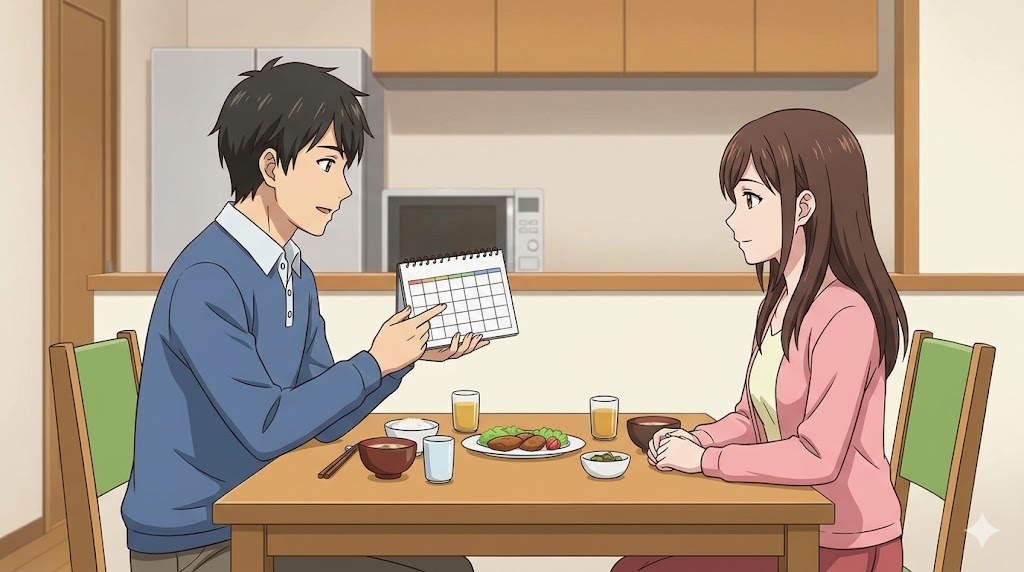 カレンダーを使いながら、お互いの時間を尊重するためのルールを穏やかに話し合うカップル