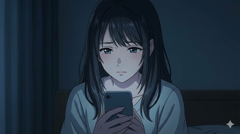 スマートフォンを不安げに見つめる、不安型愛着スタイルを持つ彼女。承認欲求と孤独感