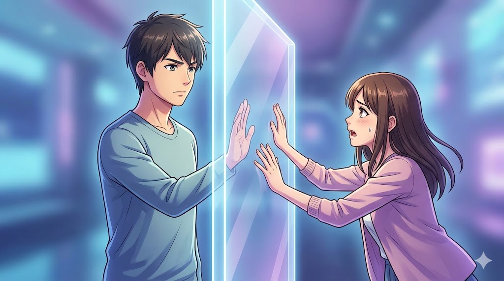 不安そうに手を伸ばす彼女に対し、毅然とした表情で透明な境界線を引く男性