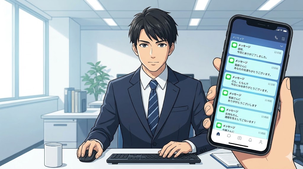 仕事に集中しながら、通知の止まらないスマートフォンに対して適切な境界線を保とうとする男性