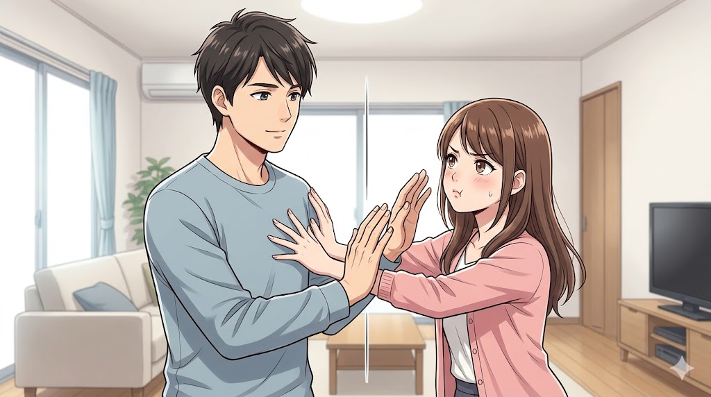 依存してくる彼女に対し、毅然とした態度で境界線（ルール）を提示する男性