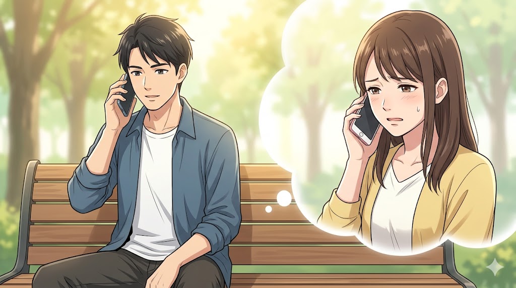 公園のベンチで、冷静に自分の気持ち（Iメッセージ）をスマートフォンで彼女に伝える男性