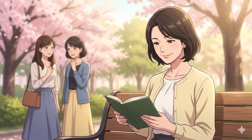 公園のベンチで、穏やかな表情で本を読む中高年女性。周囲の雑音（「かまって」行動）に惑わされず、自律して自分の時間を楽しむ
