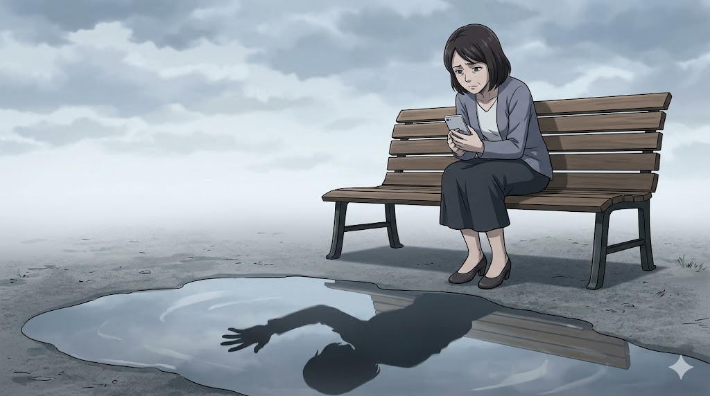 公園のベンチで一人佇む孤独な女性。水たまりに映る影が彼女の強い承認欲求を象徴しており、不幸自慢の背景にある脆さ