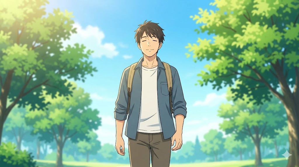 別れを乗り越え、晴れやかな表情で新しい一歩を踏み出す、自由を感じている男性