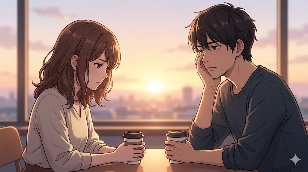 夕暮れのカフェで、深刻な表情で視線を外すカップル。修復不能な関係を見極め、別れを検討する