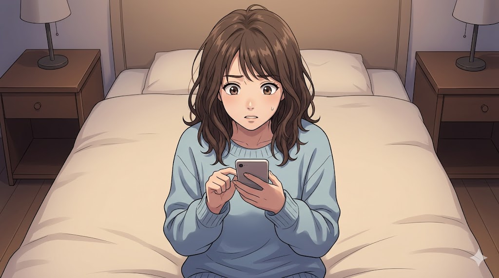 夕暮れの寝室で、不安げな表情でスマートフォンを操作する、かまってちゃんな女性