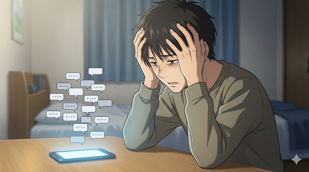 大量のスマホ通知を前に、頭を抱えて精神的に疲弊する男性