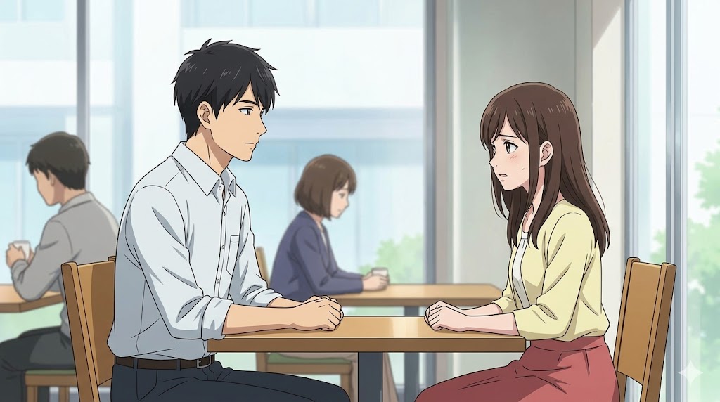 安全のために人目のある明るいカフェで別れ話をする、落ち着いた表情の男性と不安げな女性