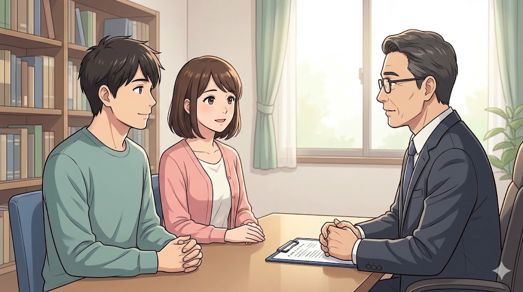 専門のカウンセラーからアドバイスを受けるカップル。外部の支援を活用する重要性