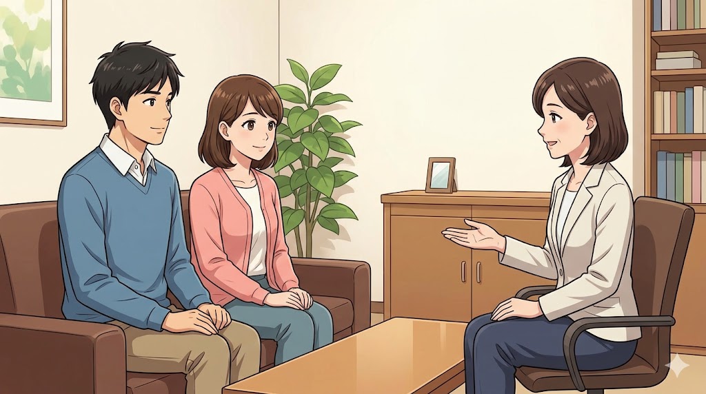 専門家のカウンセリングを受け、関係改善に向けて対話するカップルとカウンセラー