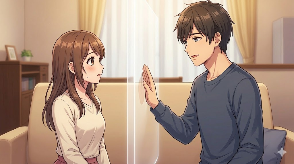 彼女に対して優しく手をかざし、見えない境界線（バウンダリー）を設定する男性。健やかな関係構築