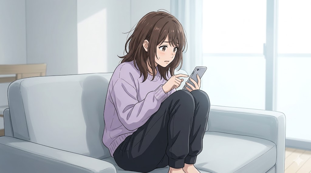 明るいリビングのソファで膝を抱えて座り、不安げな表情でスマートフォンを見つめる女性。LINEの返信を待つ依存心理