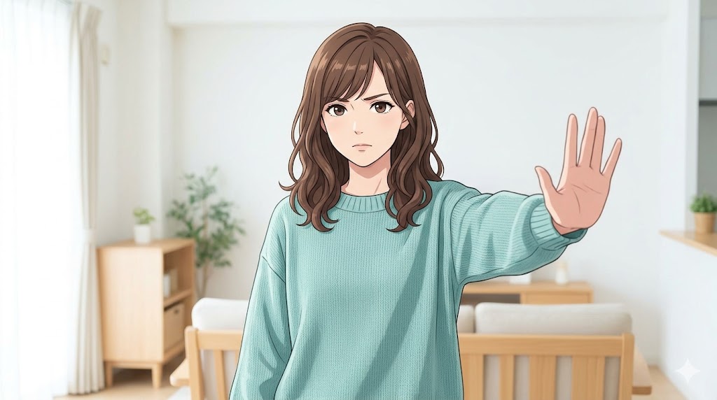 明るい部屋で、毅然とした表情で手を前に出し、パートナーに対して境界線を引こうとする女性