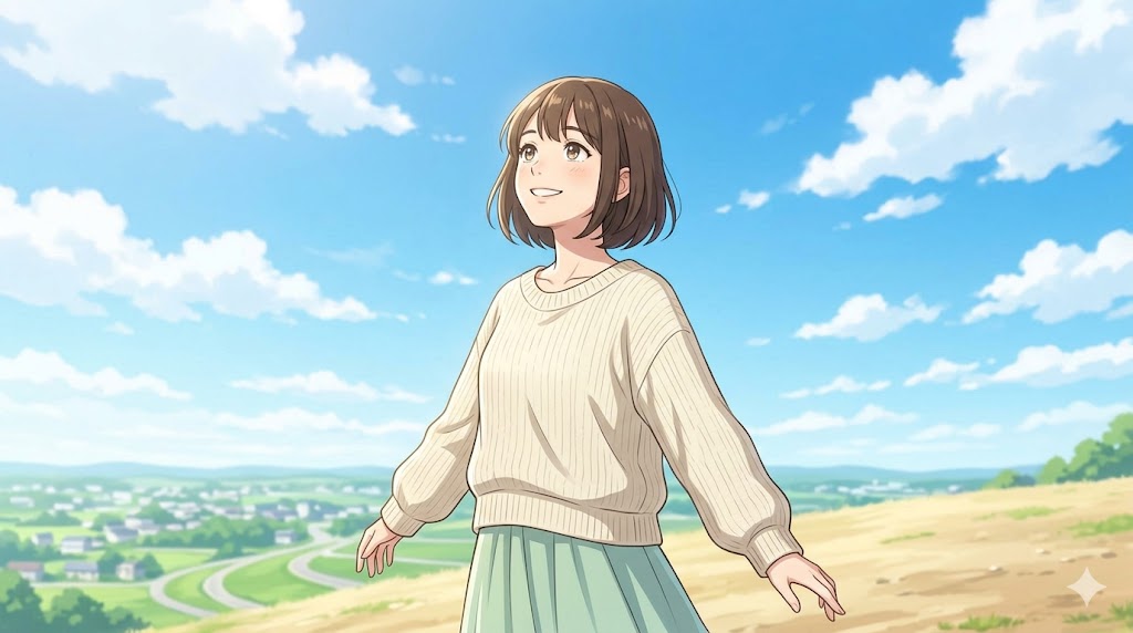 晴れやかな空を見上げ、晴れやかな笑顔を浮かべる女性の。依存から脱却し、自立した未来への希望