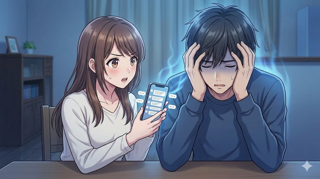 疲弊しきった表情で机に突っ伏す男性と、スマホを見せながら要求を続ける彼女。精神的エネルギーの搾取