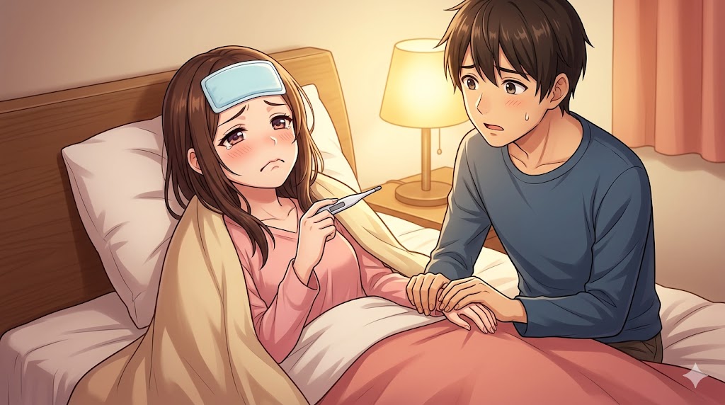 病気を装って大げさに看病を求める彼女と、困惑しながらも看病する彼氏