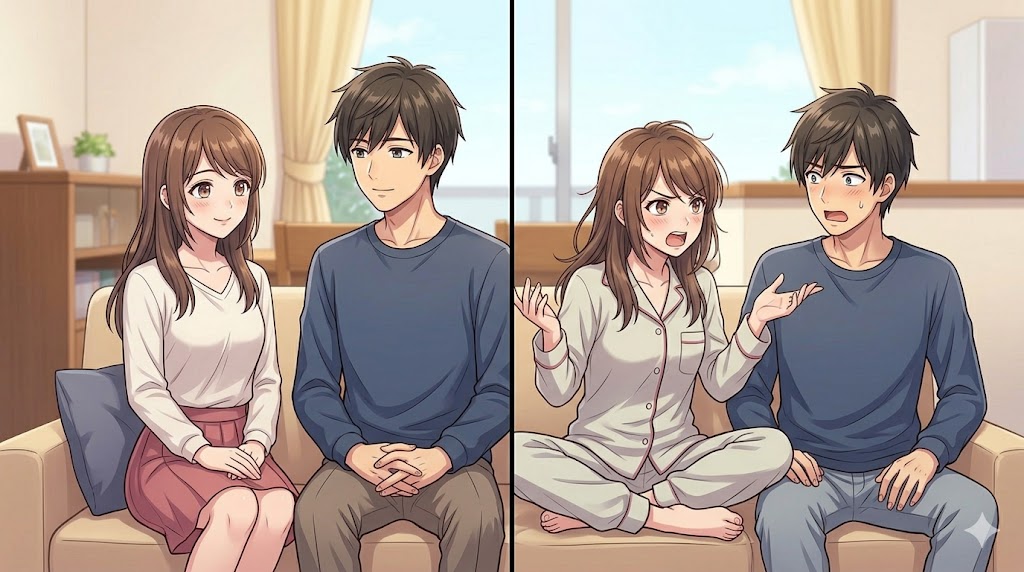 結婚前（左）は上品でおとなしかった彼女が、結婚後（右）はリラックスした服装で夫に要求をぶつける姿