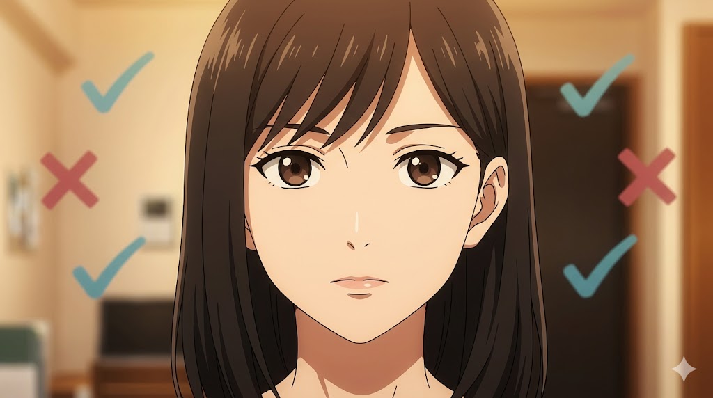 結婚相手としての適性を診断される、真剣で思索的な表情の女性