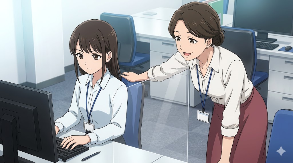 職場で、話しかけてくる同僚女性に対してデスクワークを続けながら淡々と対応する女性社員。「ながら聞き」で心理的境界線を引く