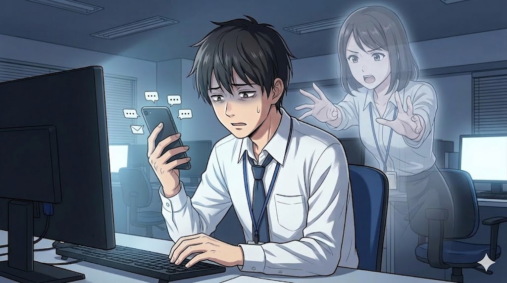 職場で大量のメッセージ通知に悩まされ、疲弊して頭を抱える男性