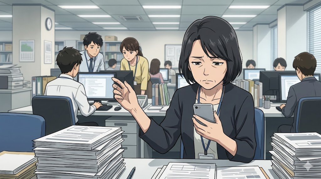 職場のデスクでスマートフォンを操作しながら、周囲を伺うような複雑な表情を見せる女性。静かなオフィスでの承認欲求