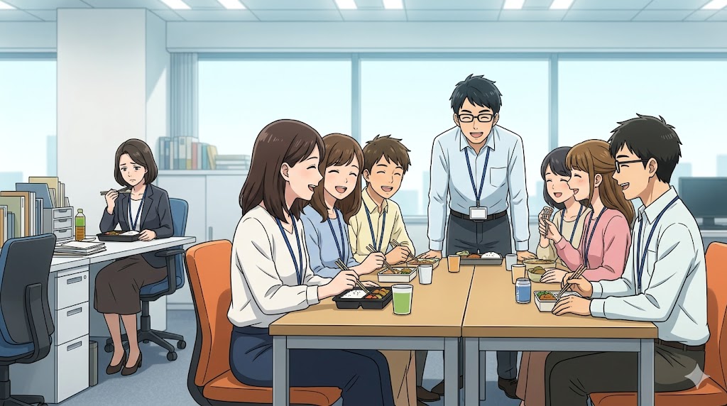 職場のランチタイムで、談笑する同僚たちのグループから離れ、一人で寂しくお弁当を食べる中高年女性。周囲からの孤立（社会的ゾーニング）