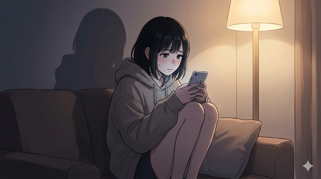 薄暗い部屋で不安そうにスマートフォンを抱きしめる、見捨てられ不安を抱えた女性