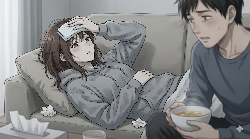 薄暗い部屋のソファで横になり、体調不良を訴えながら、心配するパートナーの気を引こうとする女性