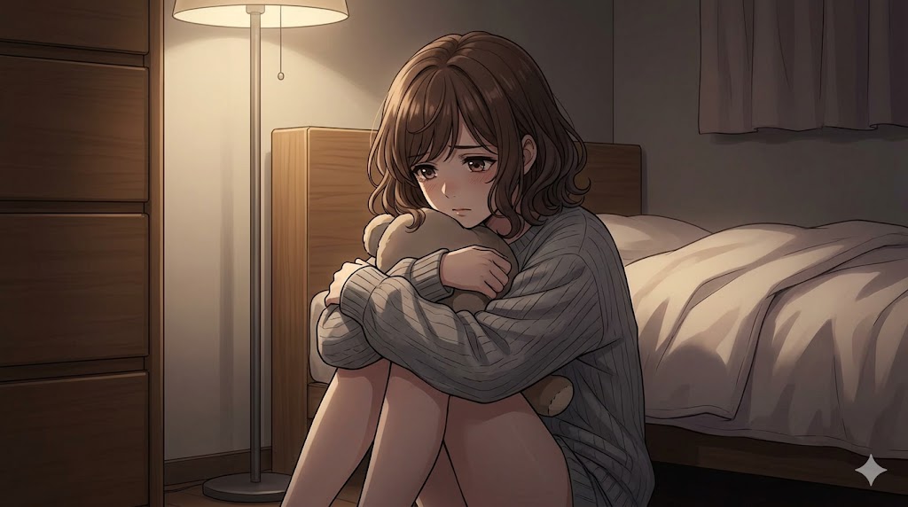 薄暗い部屋の隅で膝を抱えて座り、孤独と不安を感じている、かまってちゃんな女性。見捨てられ不安の心理