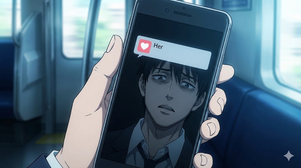 電車内でスマホの通知を見て、愛情よりも疲れと絶望を感じている男性
