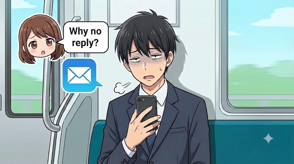 帰宅後の電車内でスマートフォンを見ながら疲れ果てた表情を浮かべる男性と、終わりのない連絡を暗示