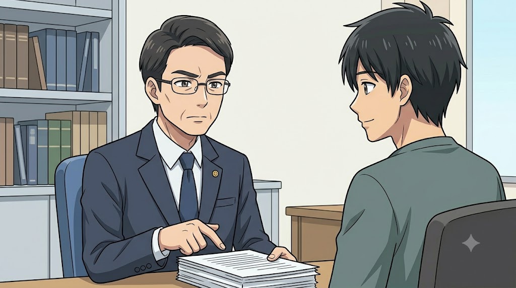 法律事務所で、真剣な表情で弁護士に相談し、離婚の手続きについて説明を受ける男性。専門家への依頼