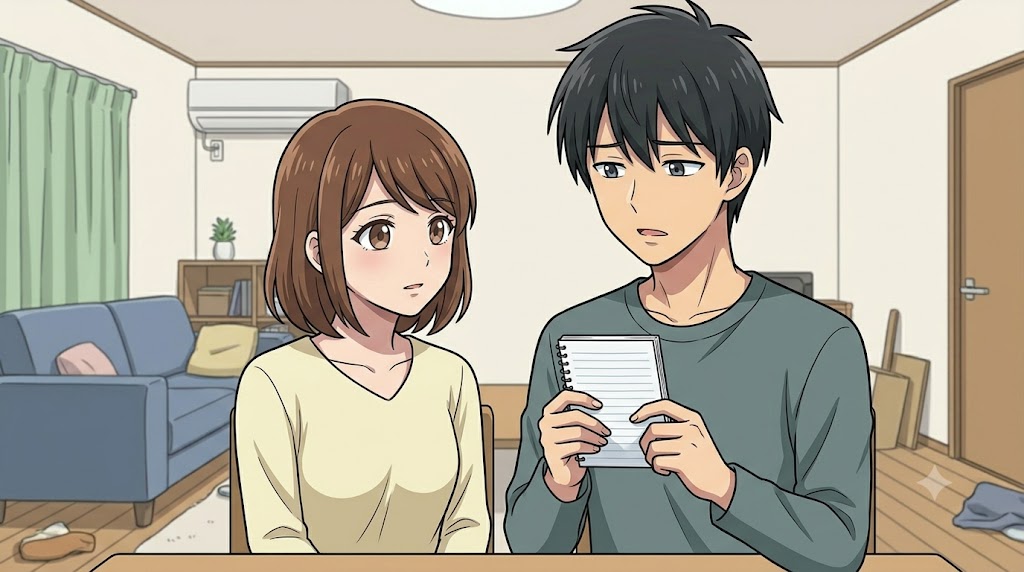 落ち着いたリビングで、真剣な表情で話し合い、ノートに「夫婦のルール」を書き出す夫婦。関係修復への努力