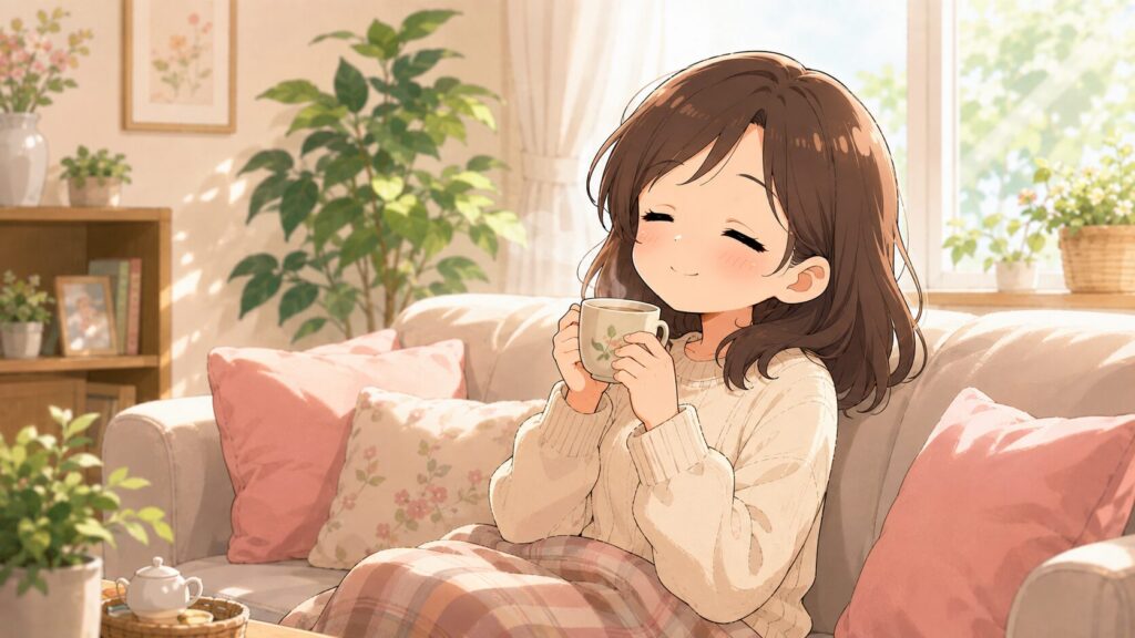 お茶を飲みながらホッと一息ついてリラックスする