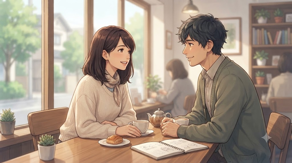 カフェでリラックスしながらお互いに素直な気持ちを伝え合っている
