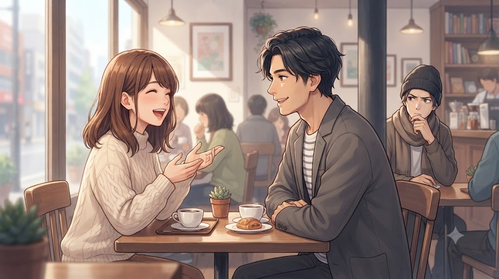 カフェで男性と楽しそうに話す女性と、その様子を客観的に見つめる