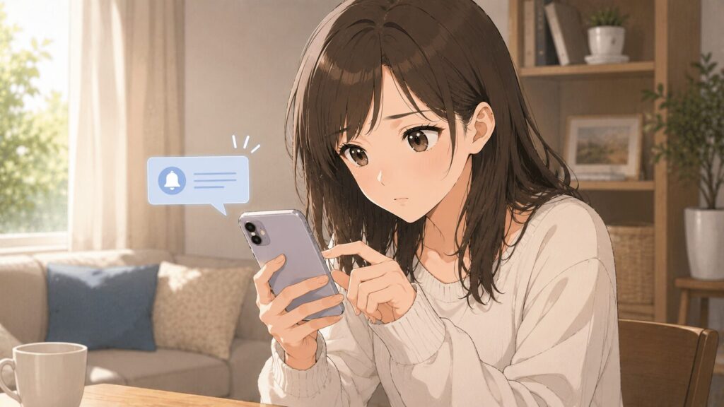 スマートフォンの画面を見つめながら連絡を待つ