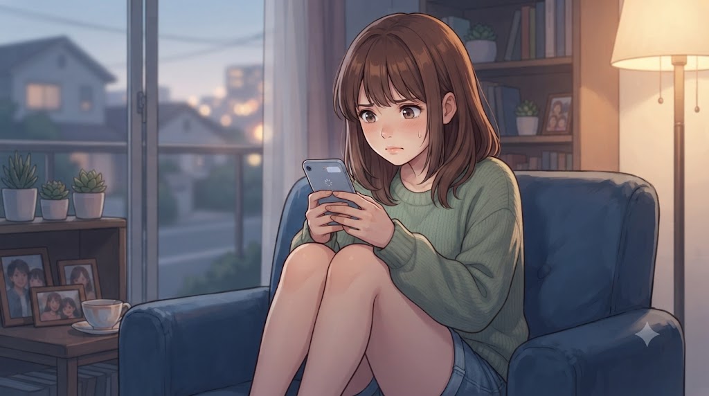 スマートフォンを見つめながら、オンラインでの反応や承認を心待ちにしている