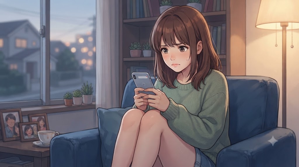 スマートフォンを見つめながら、オンラインでの反応や承認を心待ちにしている